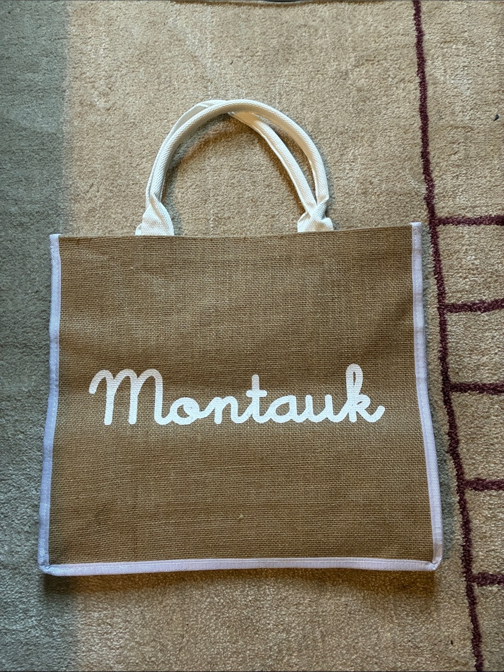 Montauk Jute Tote Bag with White Script